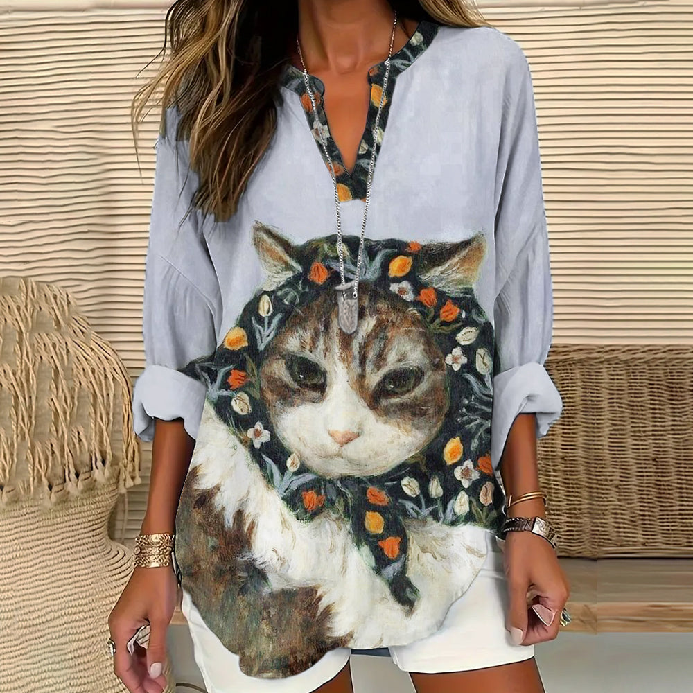 Fun Babushka Cat Floral Pattern Women's Linen Long Sleeve Shirt