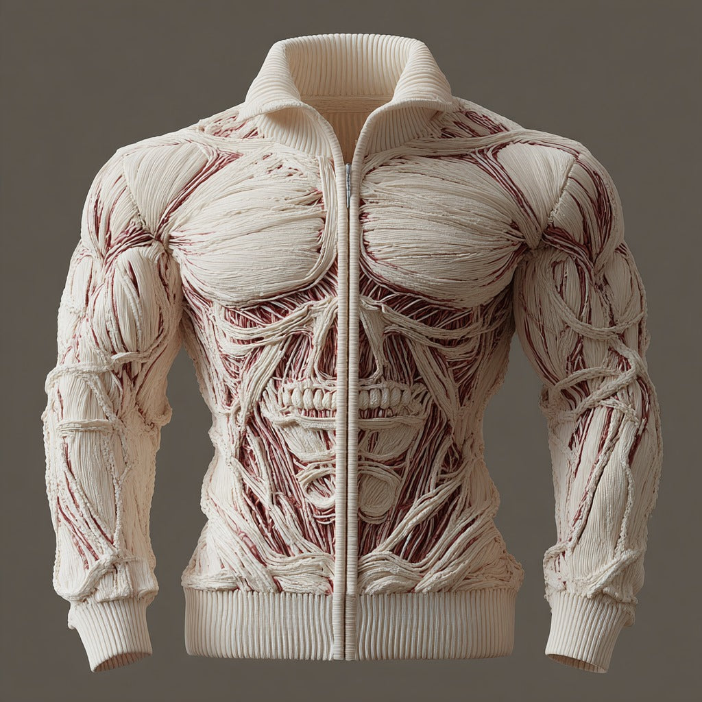 Men's Muscle And Skull Art Knit Zippered Jacket artswardrobe