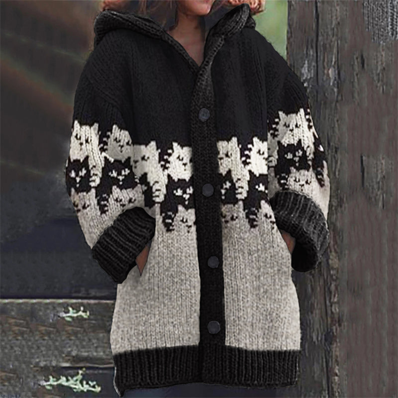 Comstylish Vintage Cats Colorblock Knit Cozy Hooded Cardigan