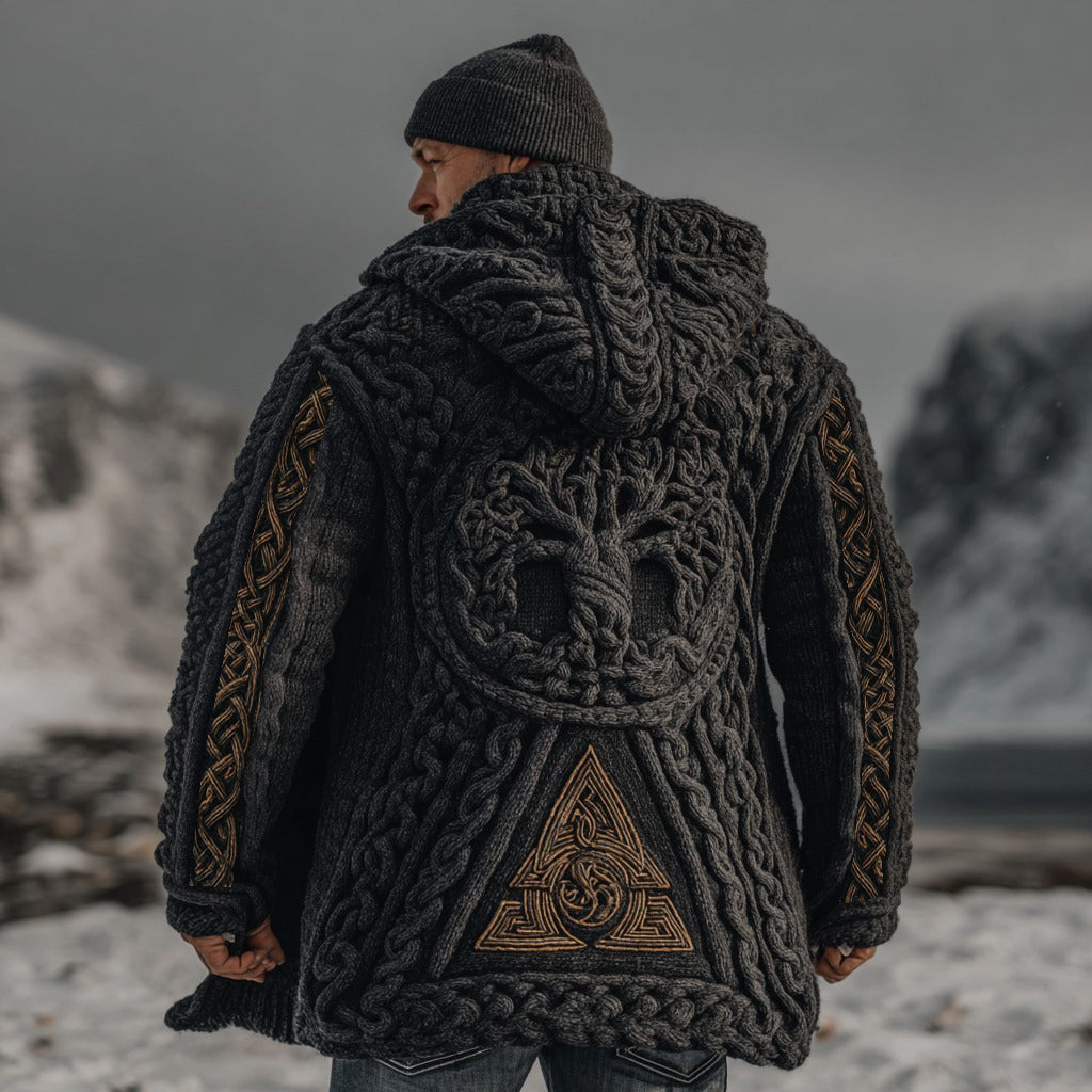 Men's Viking Life Of Tree And Runes Chunky Knit Hooded Cardigan artswardrobe