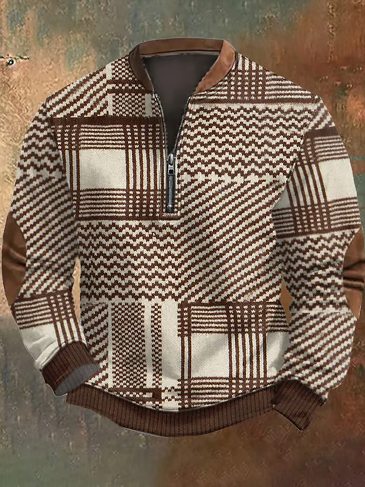 Men's Retro Western Textured Print Zip Collar Sweatshirt elevenforest