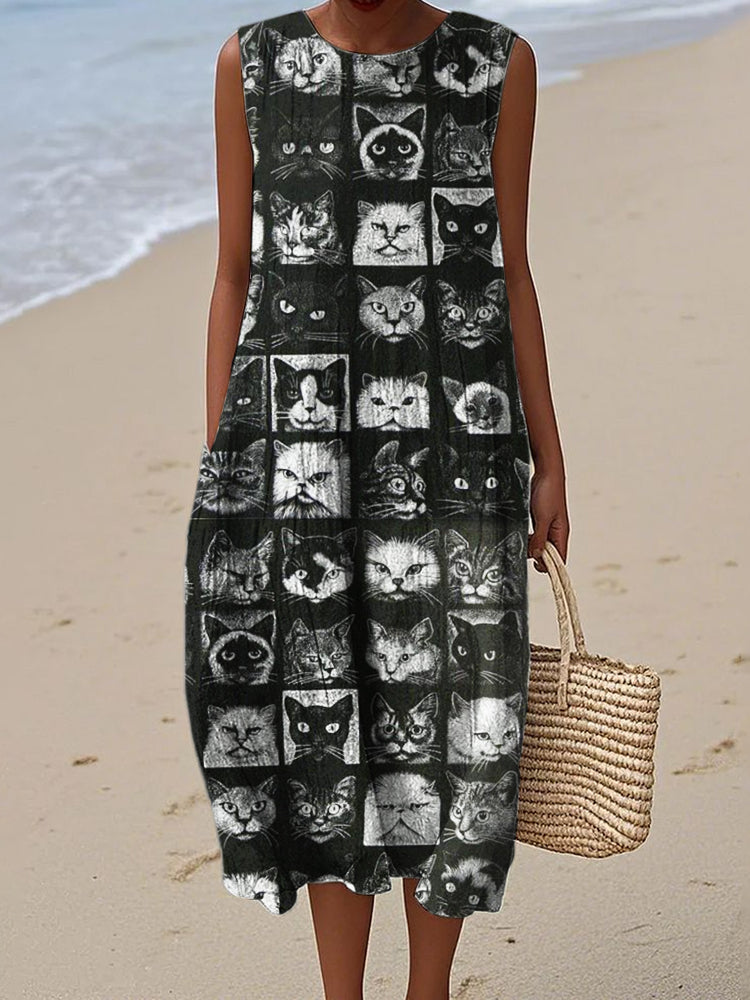 Vintage Cats Faces Geometric Art Linen Tank Dress