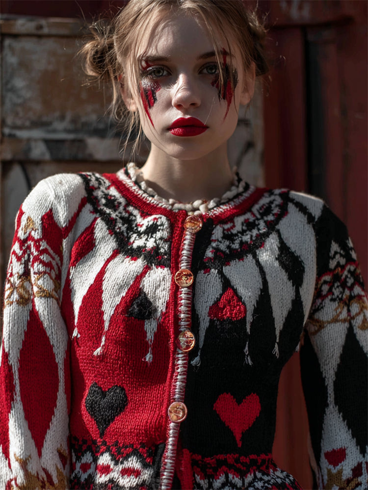 Vintage Clowness Pokers Inspired Contrast Color Cardigan artswardrobe