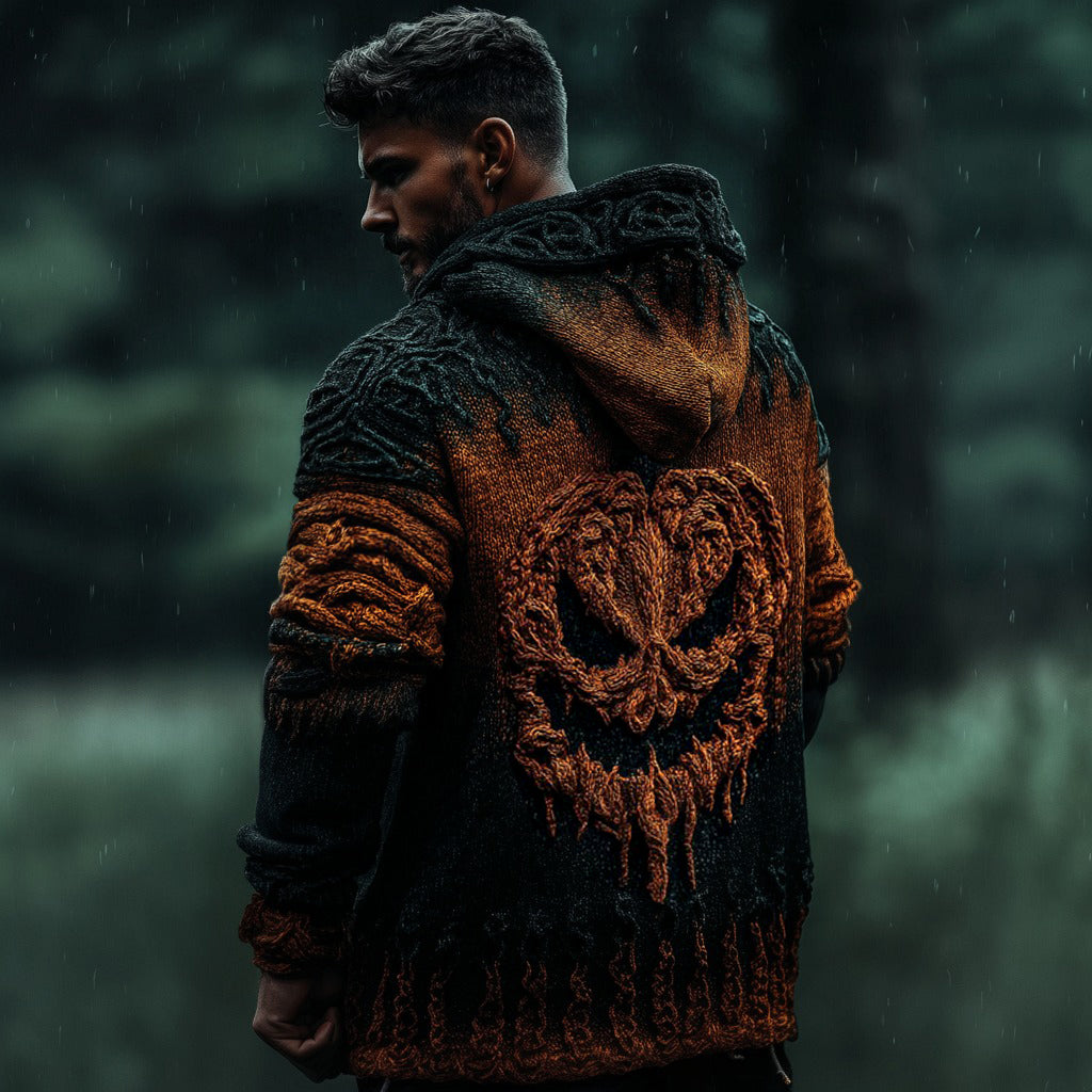 Men's Halloween Pumpkin Face Jacquard Knit Zipper Hooded Sweater Cardigan elevenforest