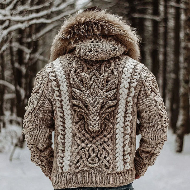 Men's Viking Tribal Dragon Celtic Chunky Knit Fuzzy Hooded Zipper Cardigan artswardrobe