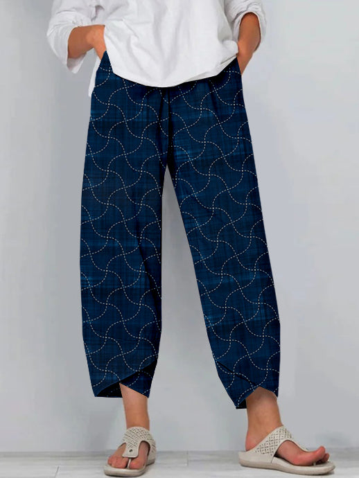 Comstylish Japanese Sashiko Geometric Art Cropped Casual Pants