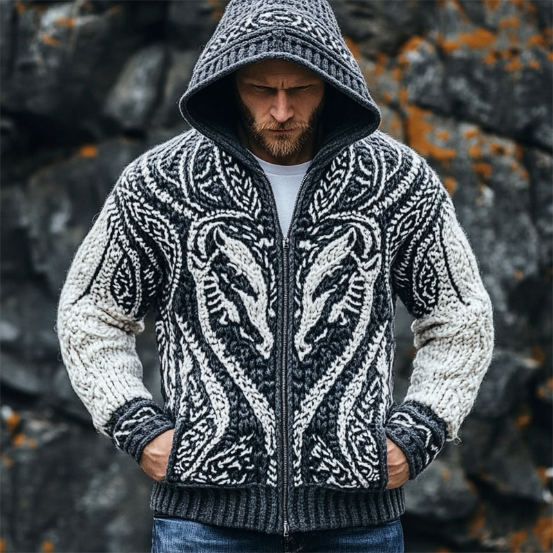 Men's Viking Wolf Inspired Celtic Contrast Chunky Hooded Cardigan elevenforest