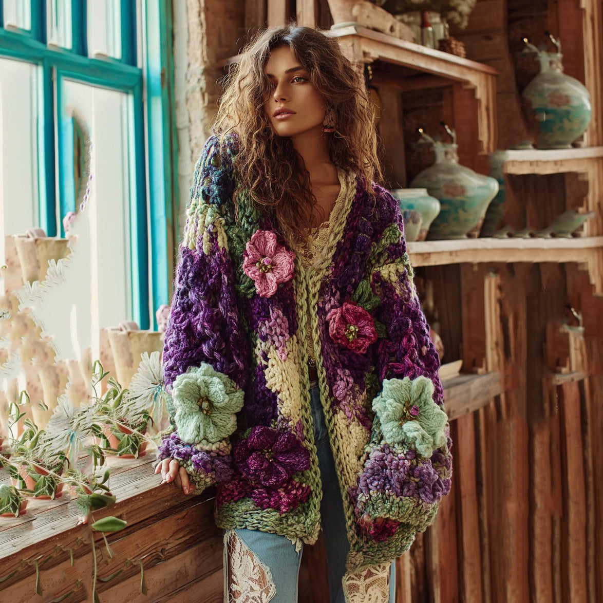 Women's Bohemian Chunky Knit Crochet Floral Contrast Cardigan Sweater elevenforest