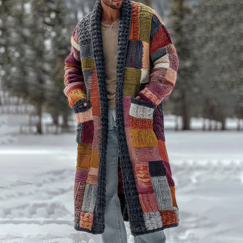 Men's Vintage Geometric Block Knit Warm Sweater Long Cardigan artswardrobe