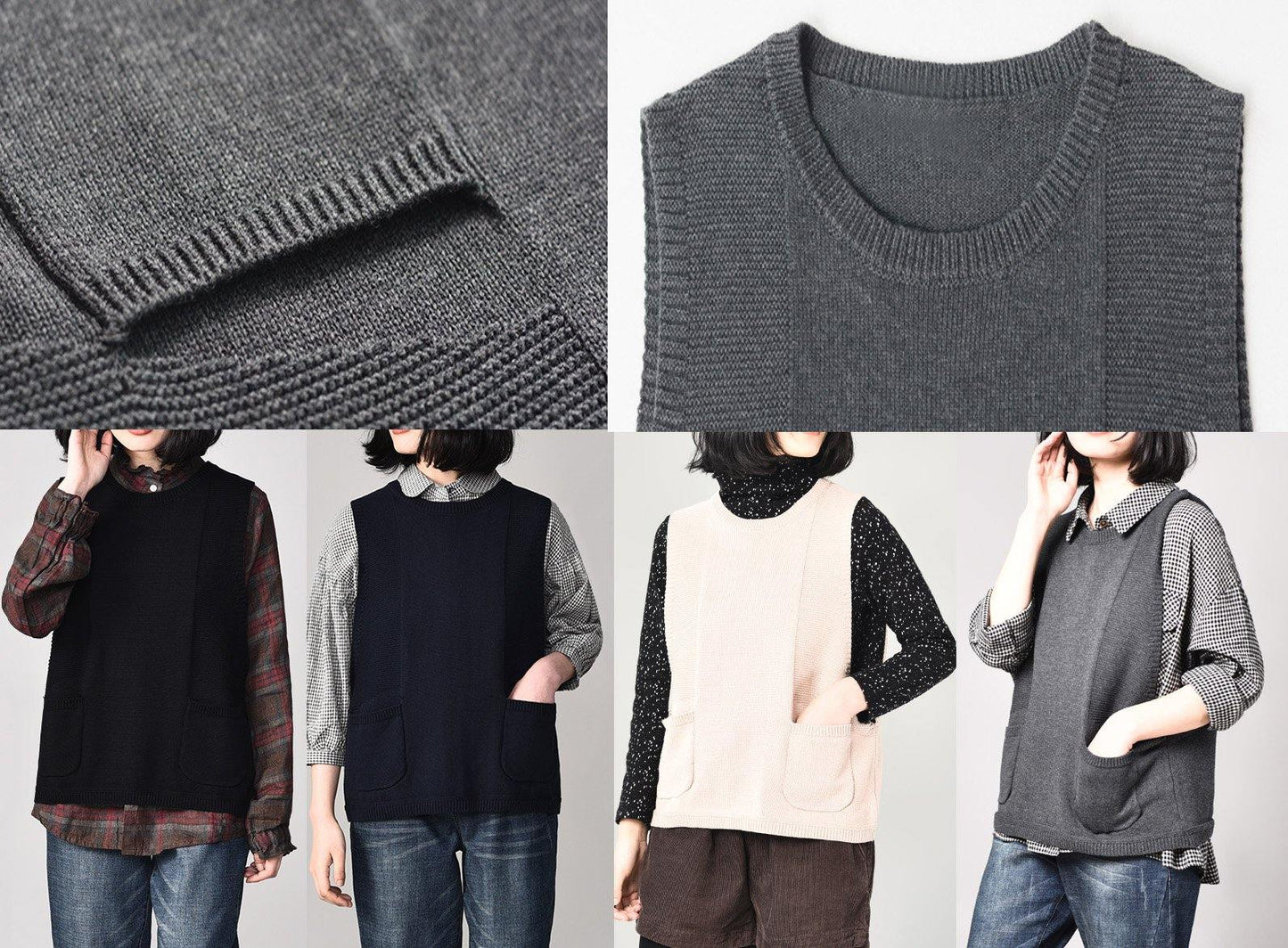 Abrigo-jersey negro estético, talla grande, top de punto sin mangas, cuello redondo