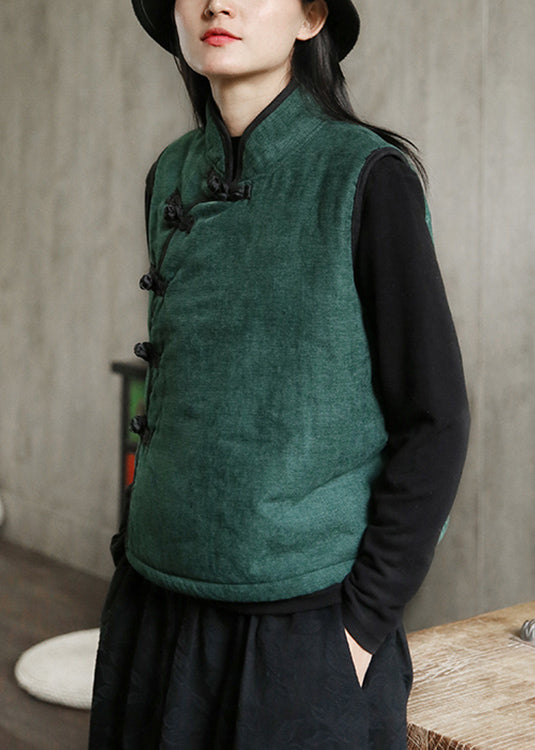 Nuevo chaleco polar verde con cuello alto, botones, cálido, sin mangas