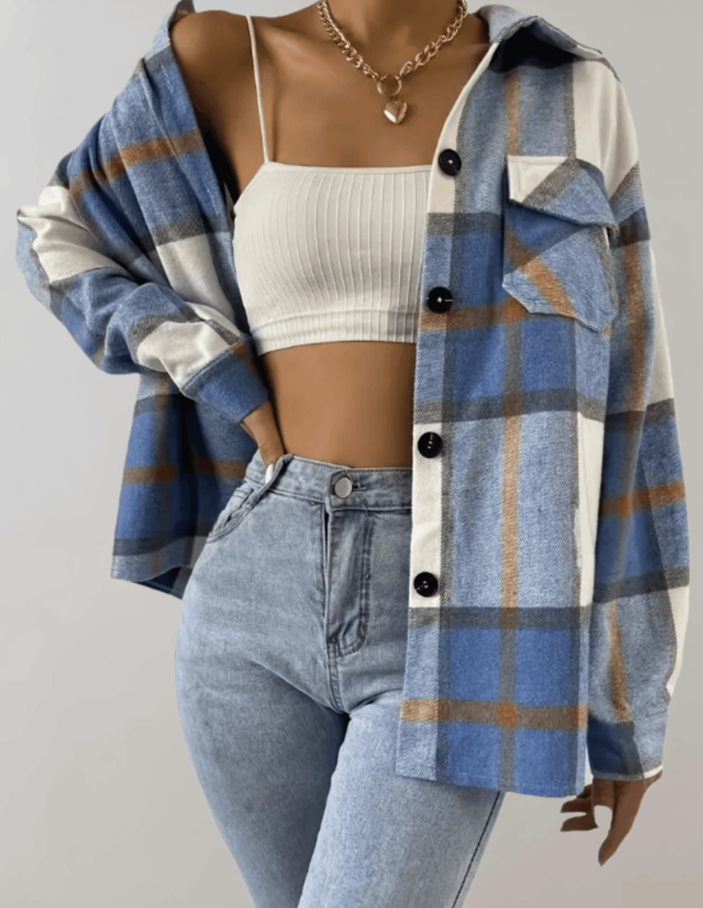 CM | Elegante abrigo oversize azul a cuadros para mujer