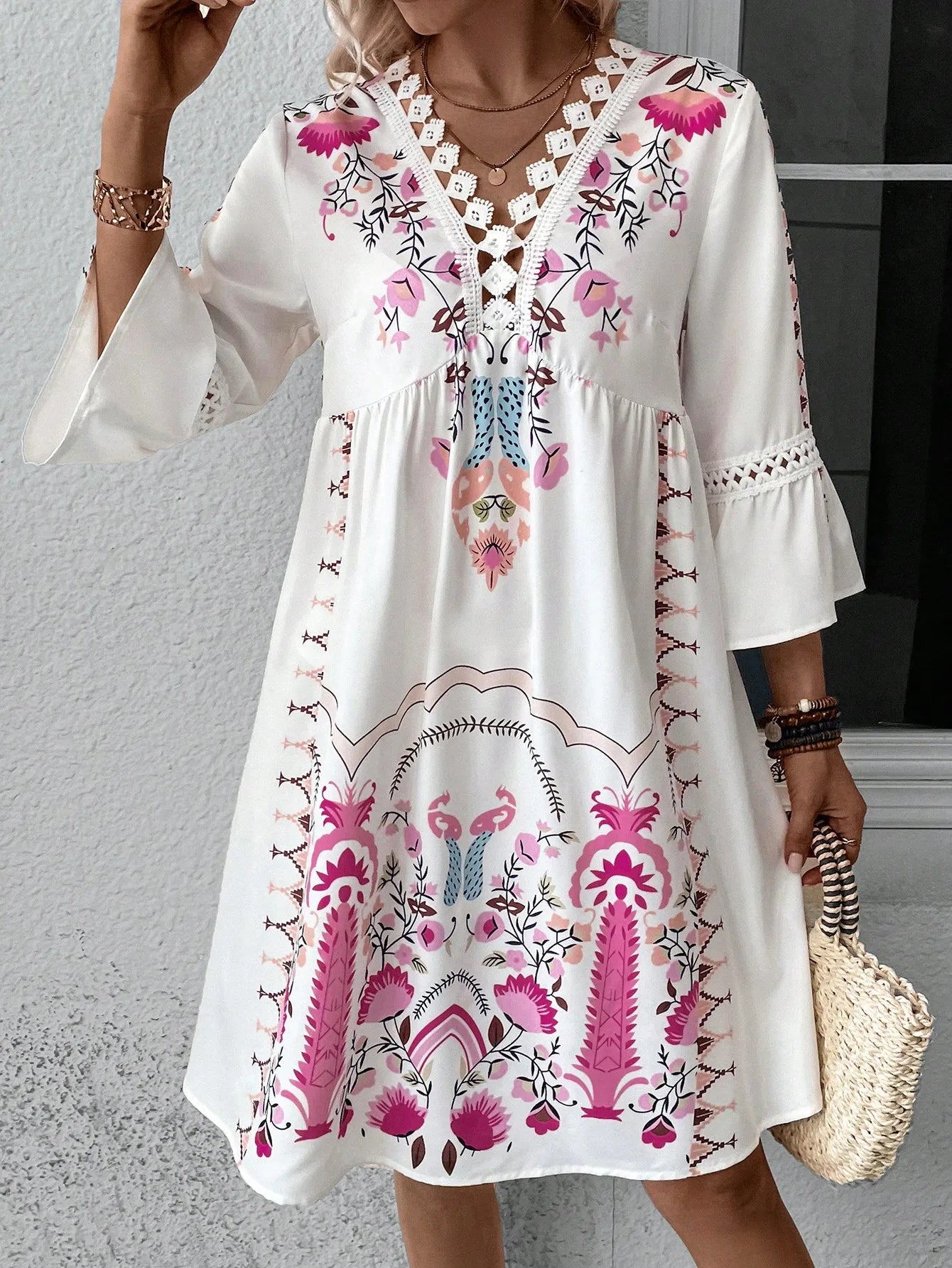 KL | 2025 Señoras Vestido Verano Vacaciones Cuello en V Manga Larga Estampado Floral Vestidos de Fiesta Playa Sexy Mini Ropa Para Mujeres Vestidos