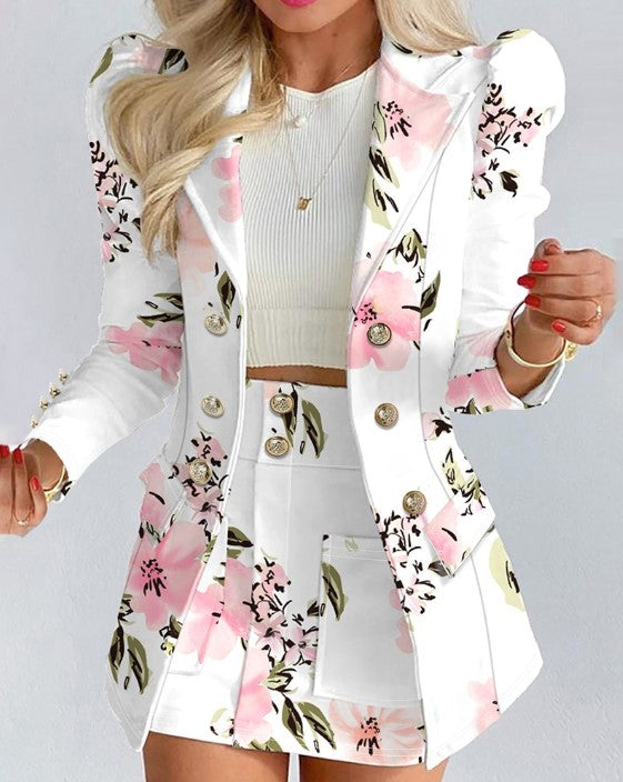 CM | Blazer de doble botonadura con estampado floral y mangas abullonadas