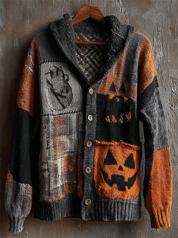 Halloween Pumpkin Face Plaid Colorblock Patchwork Cozy Knit Hooded Cardigan elevenforest