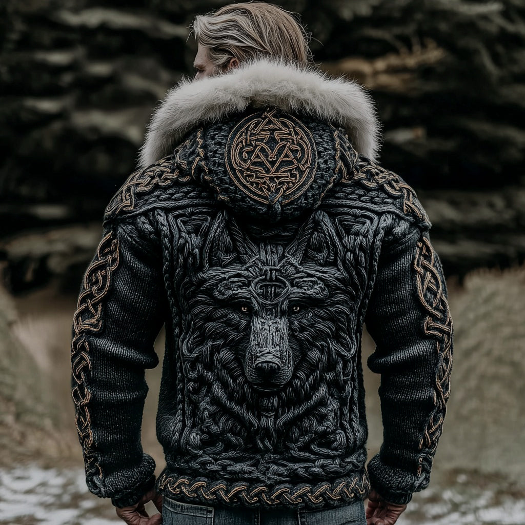 Men's Viking Wolf Celtic Knot Knit Fuzzy Hooded Zipper Cardigan artswardrobe