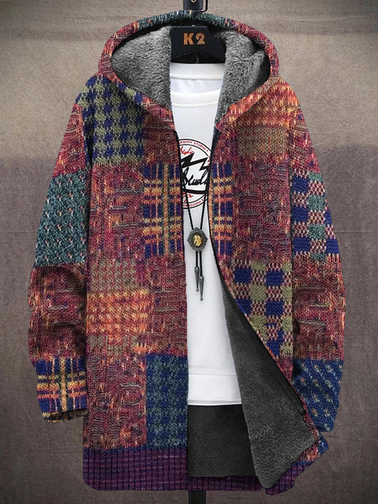 Men's Retro Knit Patchwork Pattern Cozy Hooded Coat elevenforest