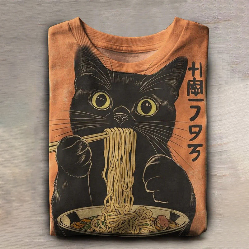 Retro Cute Black Cat Eating Ramen Art Print T-shirt elevenforest