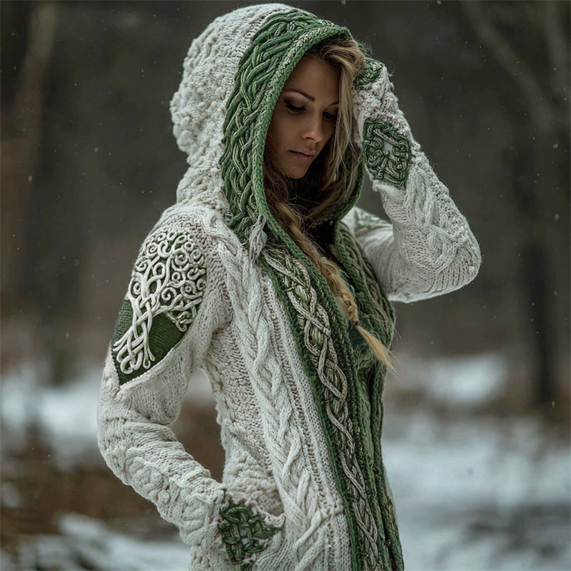 Vintage Viking Tree Of Life Celtic Contrast Hooded Chunky Cardigan artswardrobe