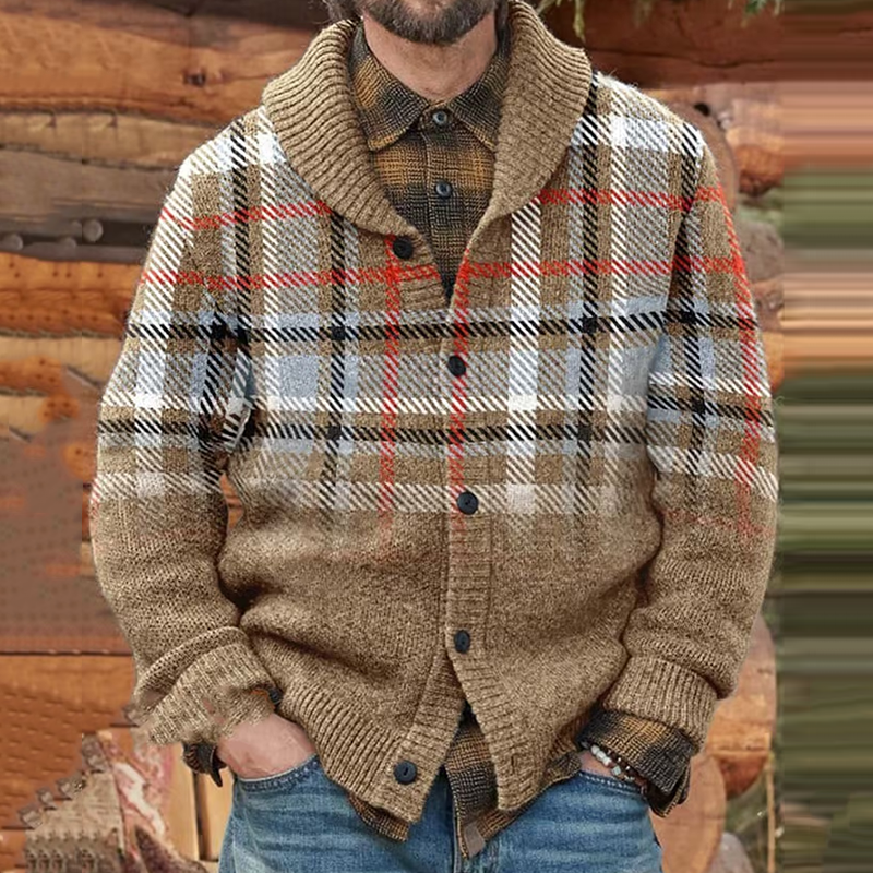 Men's Brown Scottish Graphic Print V-Neck Button-Down Cardigan elevenforest