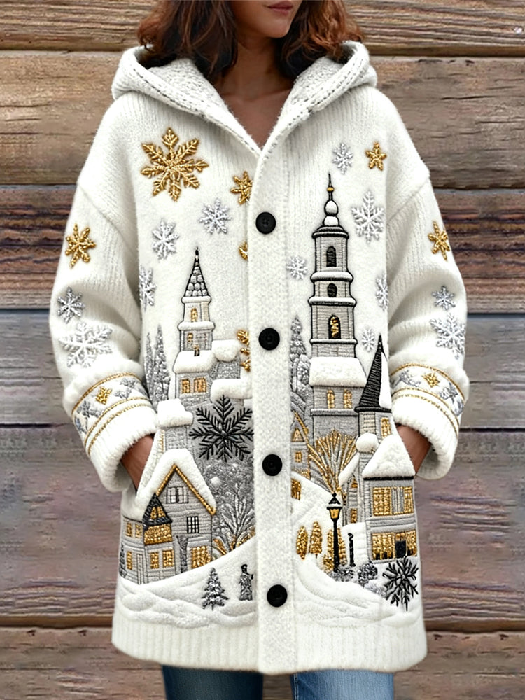 Christmas Snow Scene Embroidered Women's Knit Hooded Cardigan artswardrobe
