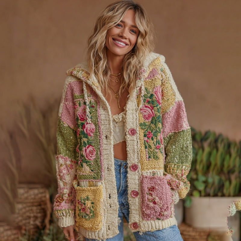Women's Vintage Patchwork Floral Art Hooded Cardigan artswardrobe