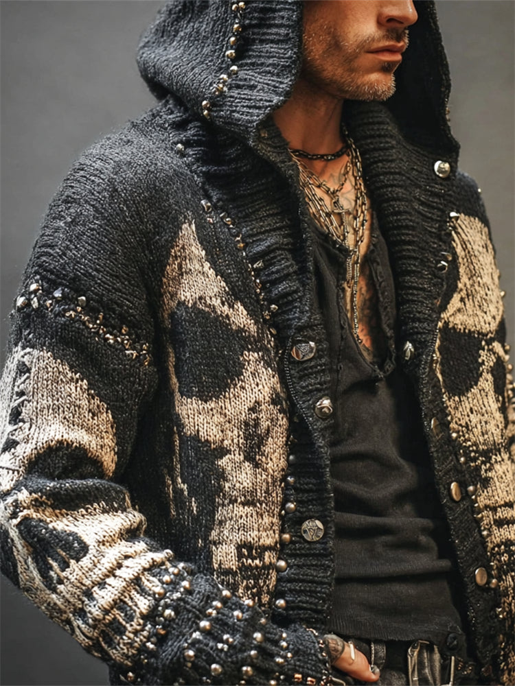 Men's Rock Style Skulls Studded Knit Hooded Cardigan elevenforest