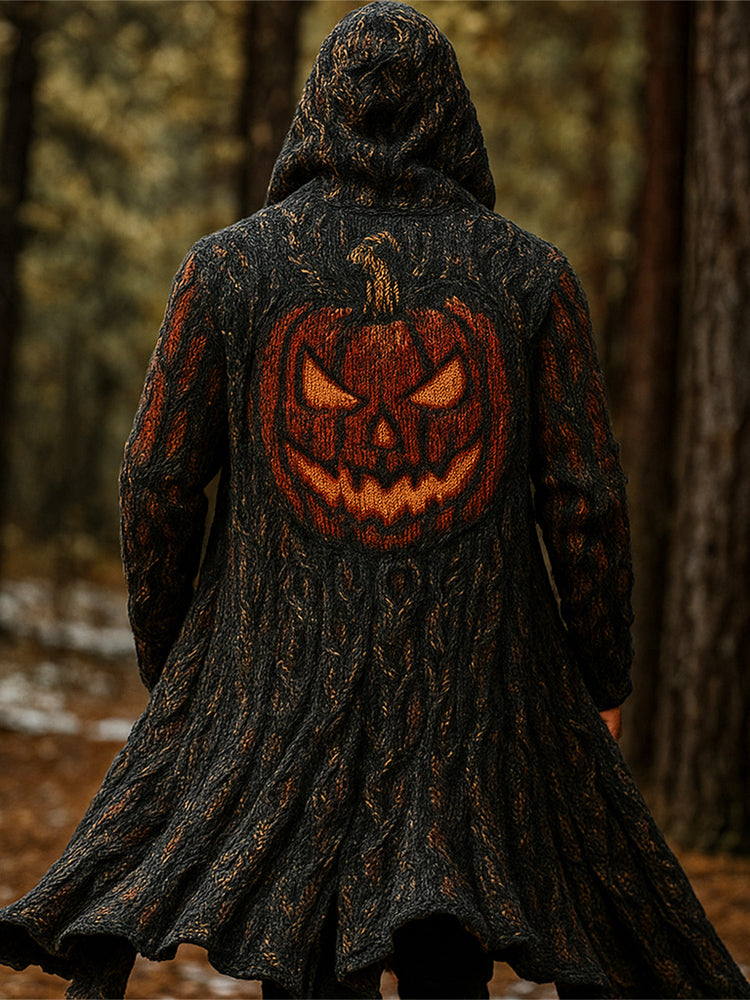 Halloween Pumpkin Lights Men's Chunky Knit Hooded Long Cardigan artswardrobe