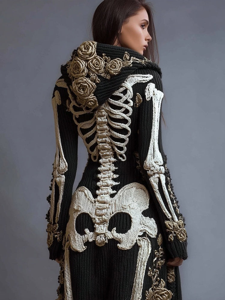 Vintage Skeleton Roses Embroidered Knit Hooded Cardigan artswardrobe