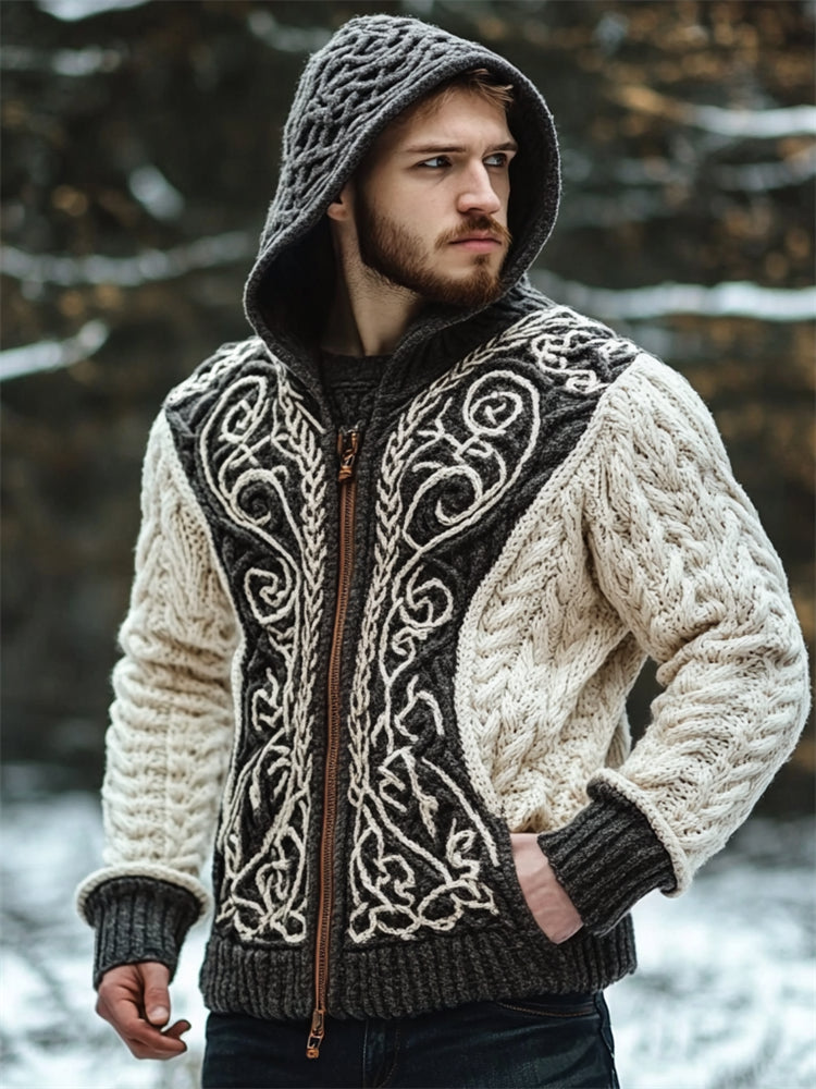 Men's Viking Celtic Contrast Color Chunky Hooded Zip Cardigan elevenforest