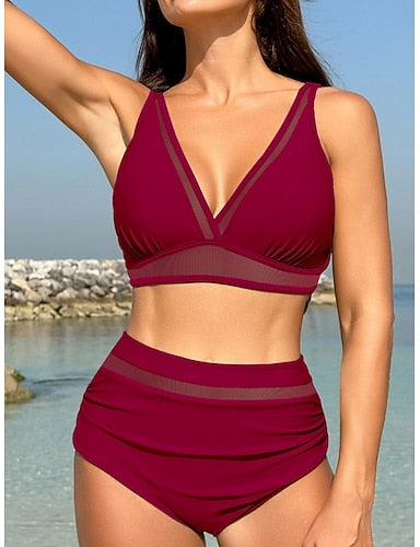 Swimwear Bikini 2 Piece Briefs Swimsuit Mesh Backless High Waist Slim Vacation Beach Wear Color Halter Neck Sleeveless Bathing Suits