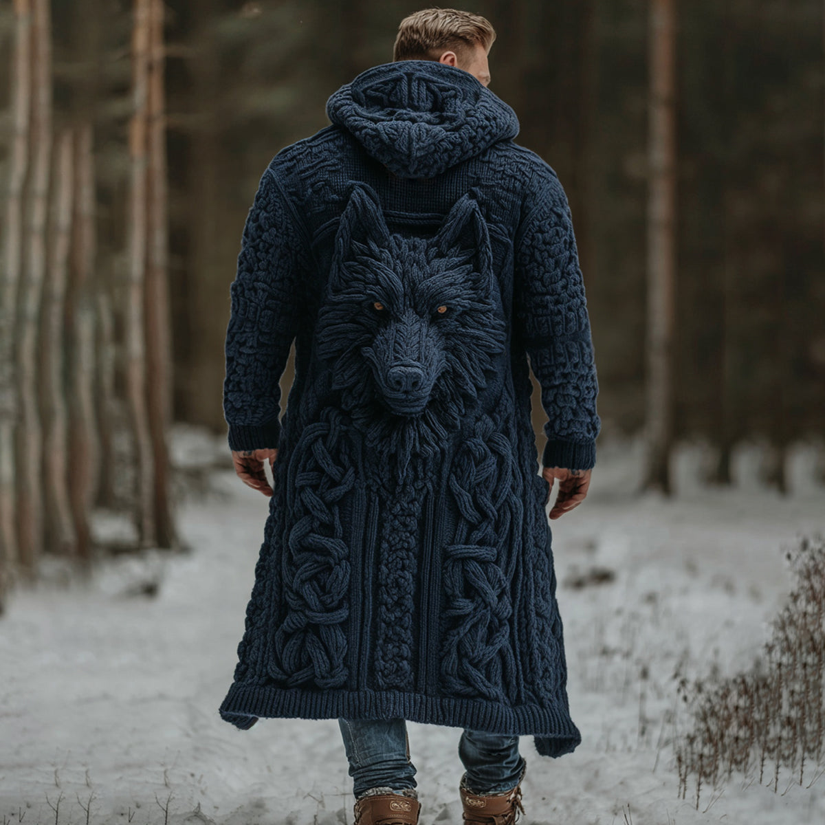 Men's Viking Wolf Celtic Knot Art Pocket Mid-length Cardigan Sweater artswardrobe