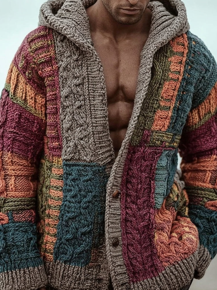 Men's Vintage Geometric Patchwork Chunky Hooded Cardigan artswardrobe