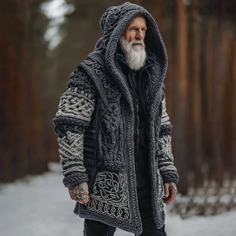 Men's Viking Celtic Knot Contrast Jacquard Cozy Midi Cardigan Sweater artswardrobe