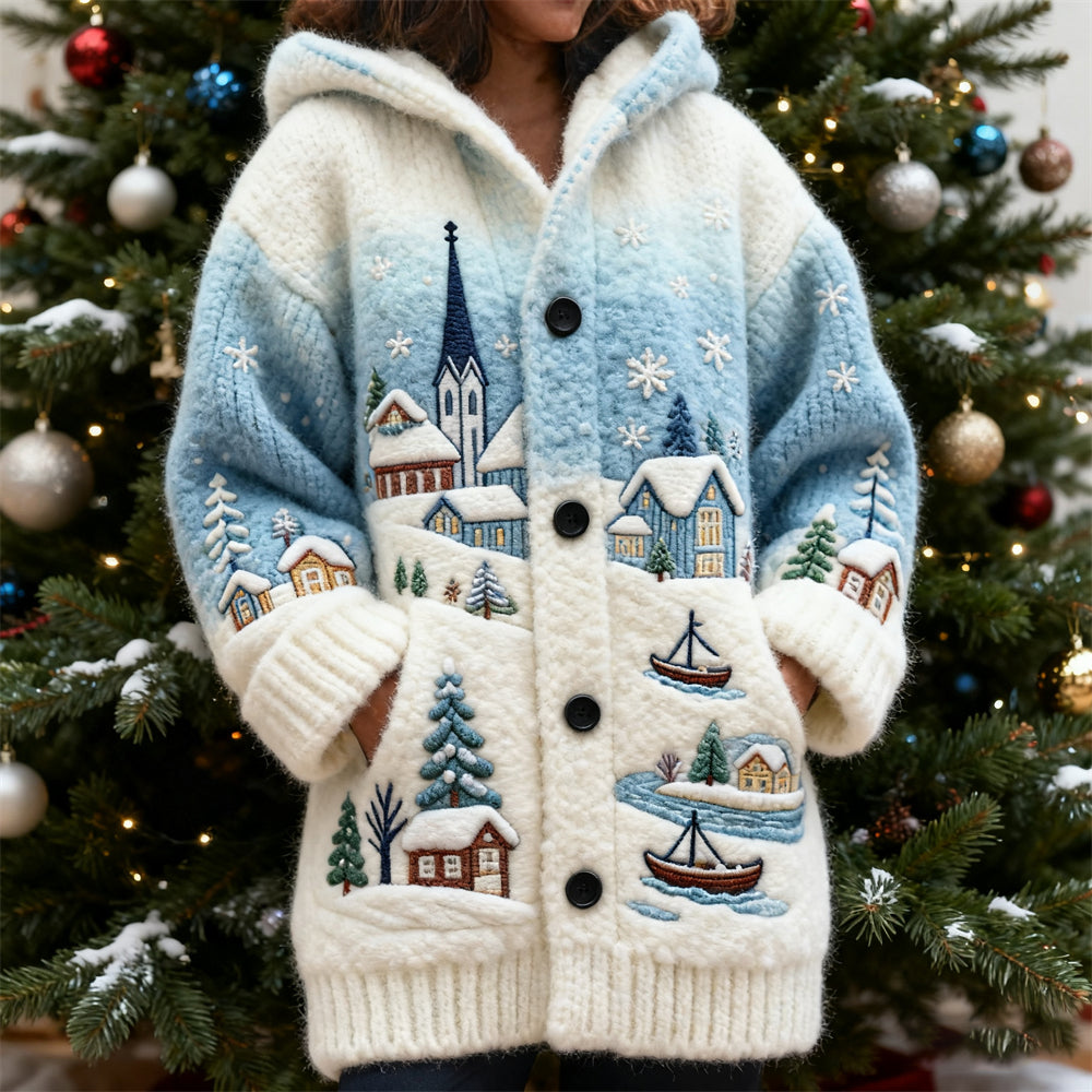 Christmas Snow Scene Town Women's Knit Hooded Cardigan