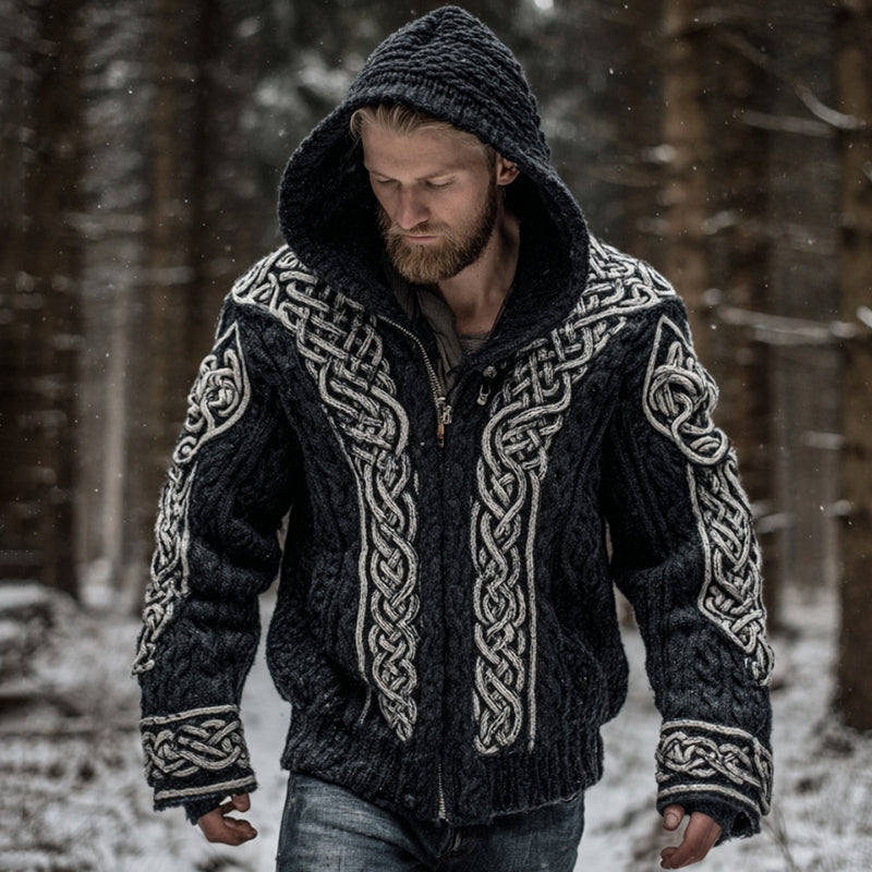 Men's Vintage Viking Celtic Knot Art Zip-up Chunky Knit Hooded Cardigan artswardrobe