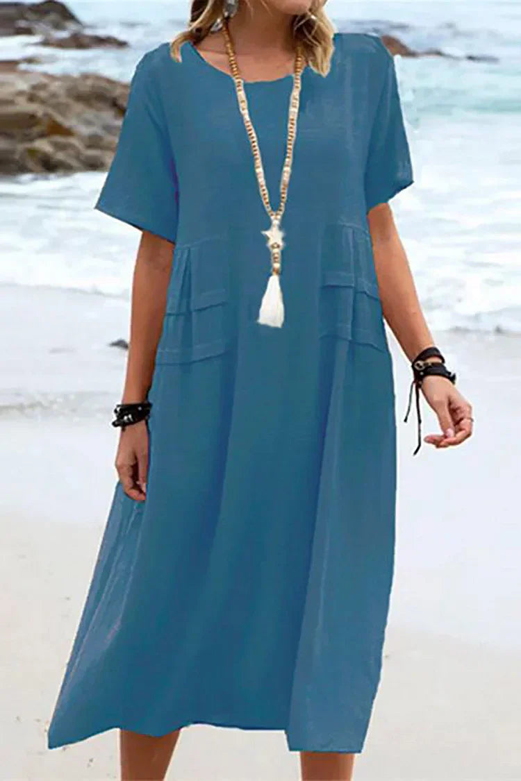 KL | Vestido informal suelto de manga corta con escote redondo y colores lisos