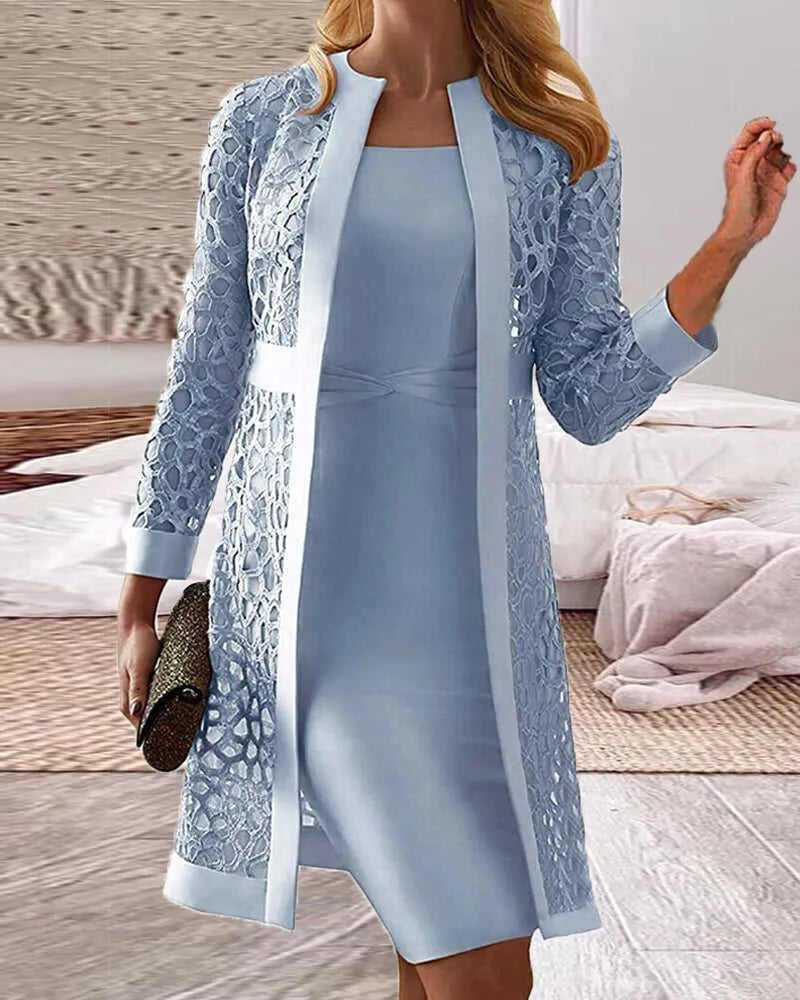 KS | Conjunto de dos piezas - vestido con cárdigan de encaje para mujer