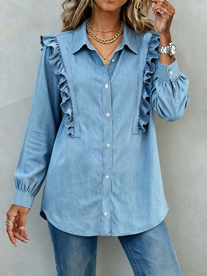 Women'S Casual Long-Sleeved Shirt With Ruffled Edges