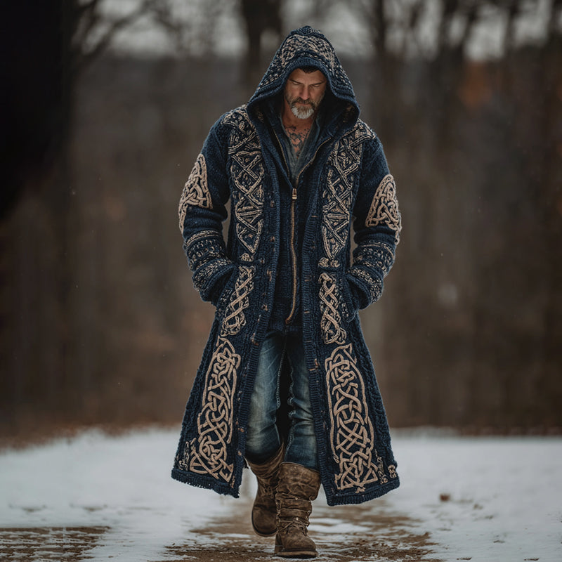 Men's Viking Celtic Knot Art Mid-length Chunky Knit Cardigan Sweater artswardrobe