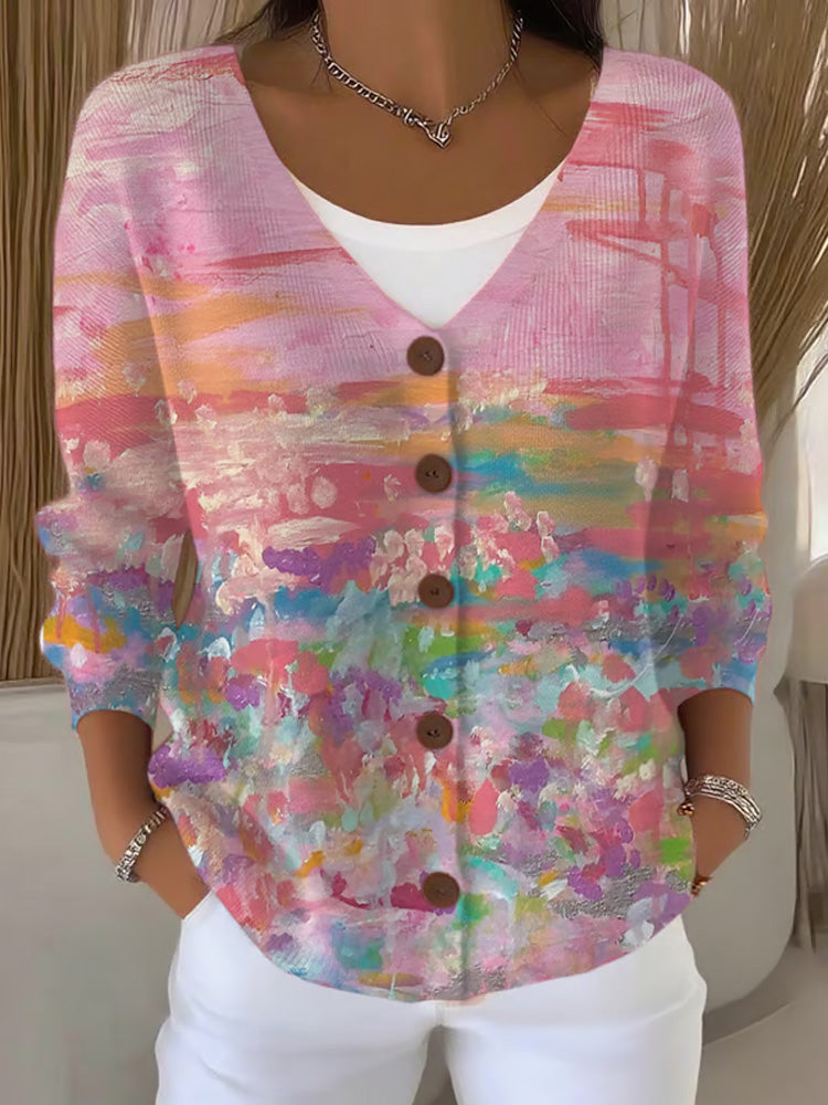 Women's Casual Pink Oil Painting Cardigan elevenforest