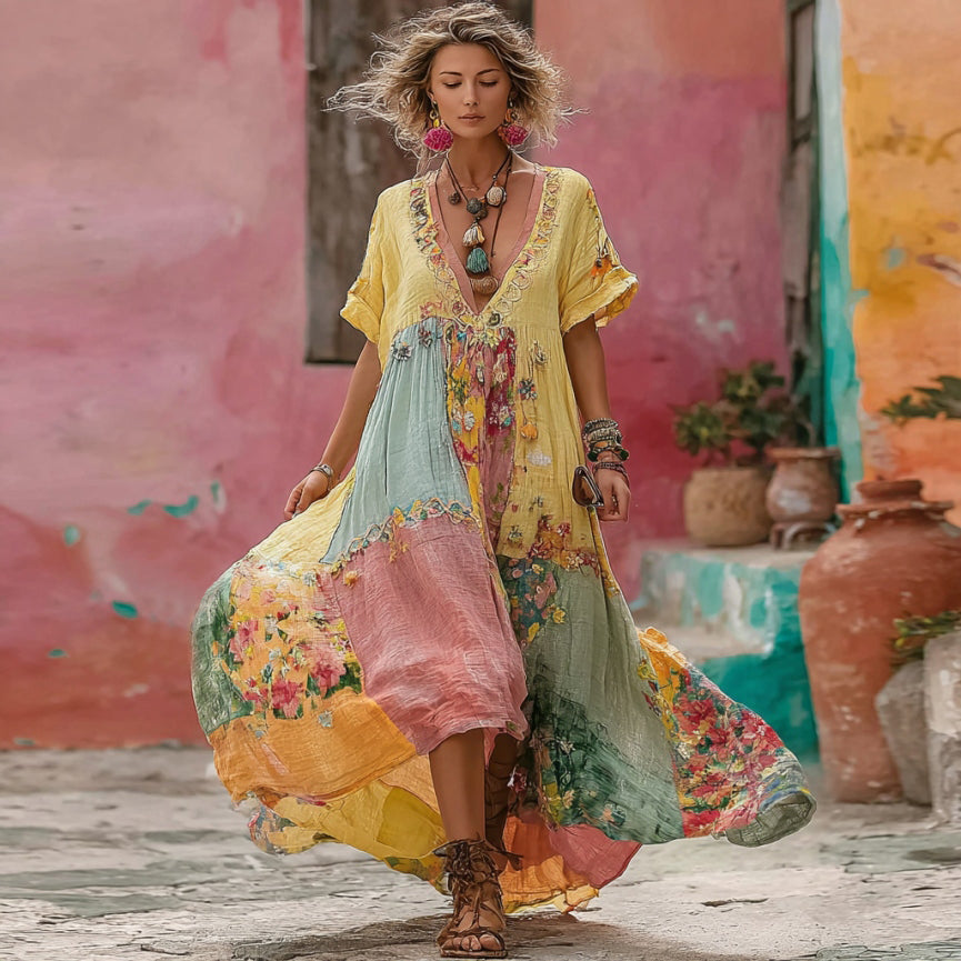 Women's Flower Embroidery Macaron Patchwork Art V-neck Linen Blend Maxi Dress artswardrobe