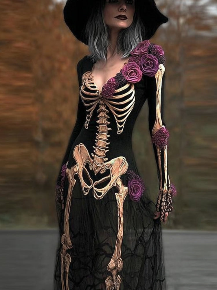 Comstylish Halloween Human Anatomy And Floral V-neck Long Sleeved Dress