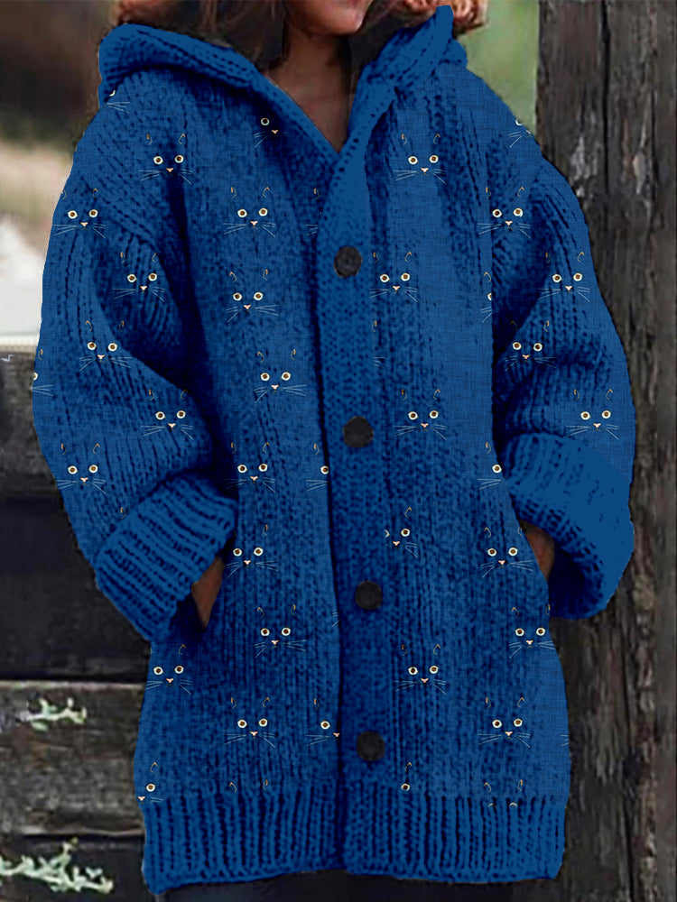 Cute Blue Cat Face Cozy Hooded Cardigan elevenforest