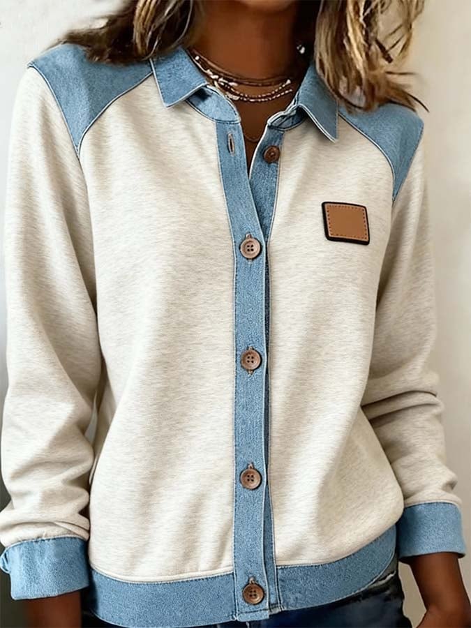 Women'S Casual Lapel Contrast Color Stitching Shirt