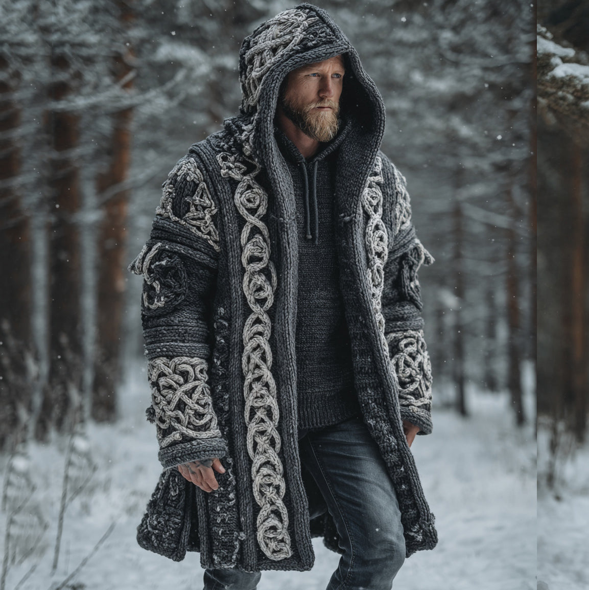 Men's Viking Style Celtic Knot Pocket Midi Cardigan Sweater artswardrobe