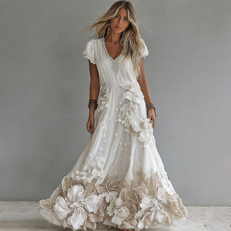 Women's Vintage Boho Floral Art Short-sleeved Maxi Dress