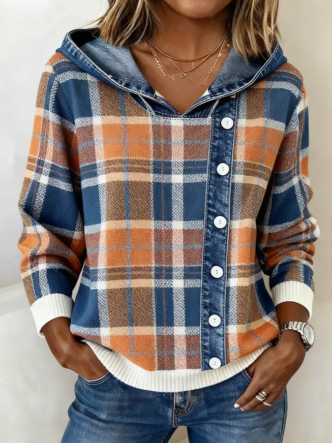 Women'S Casual Contrast Plaid Hooded Sweatshirt