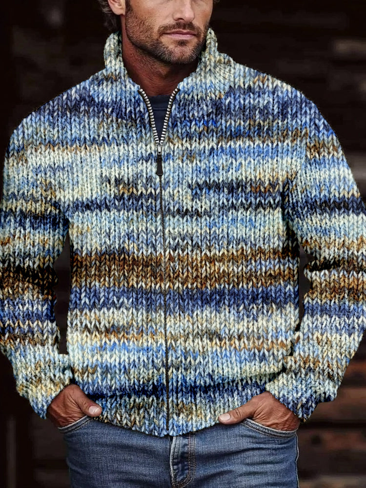 Men's Retro Crochet Art Cozy Full Zip Cardigan elevenforest
