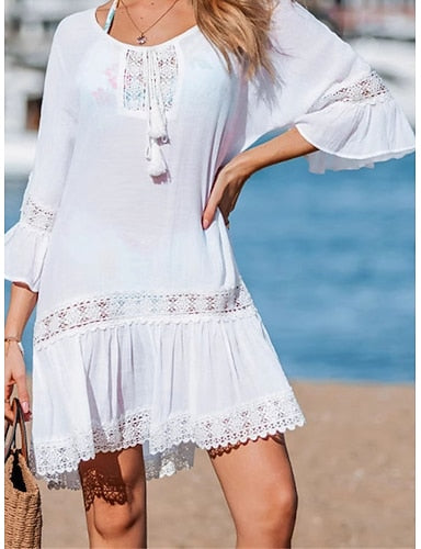 Mini Dress White Dress Beach Dress Cover Up Classic Flare Cuff Sleeve Daily Outdoor Beach Loose Fit Plain Half Sleeve Crew Neck White Summer Spring